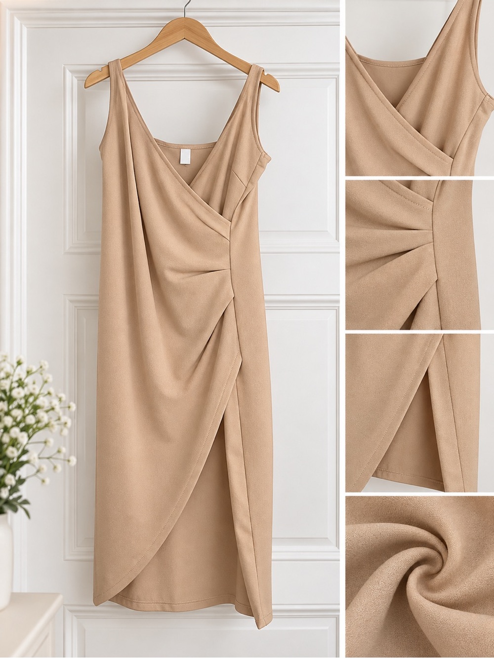 Sleeveless Wrap-Style Midi Dress in Beige